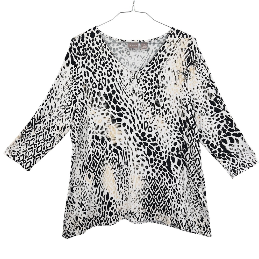 Chico's Women Tunic Top Mixed Animal Print V-Neck 3/4 Sleeve Sharkbite Hem 3  XL